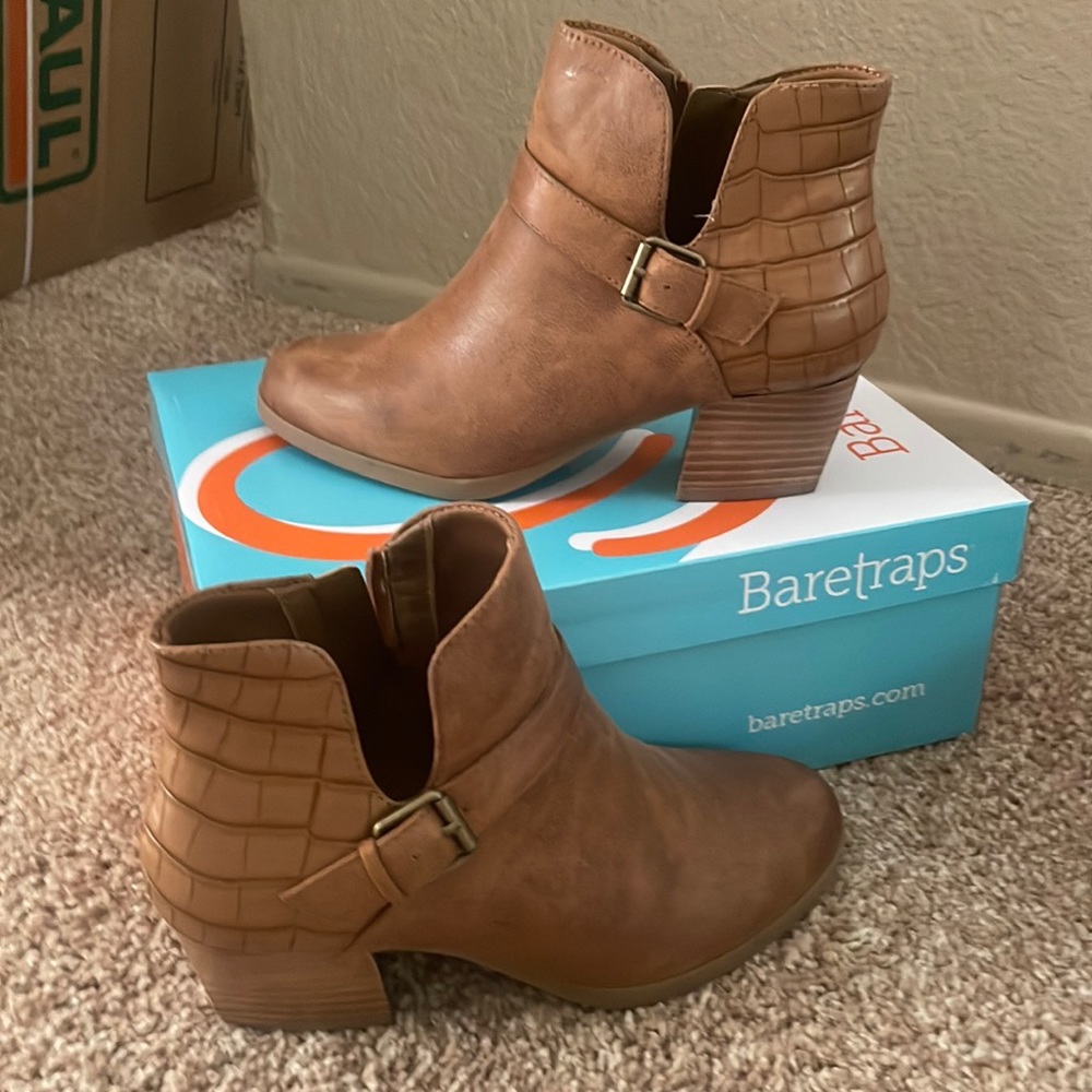 Baretraps cognac heeled booties. Like new. Worn once. OG box
